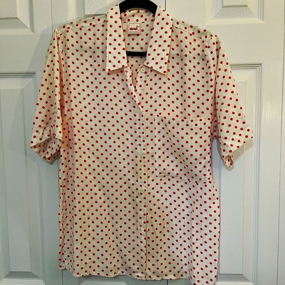 VTG Mondi White/Red Polka Dot Button-Front Shirt Viscose Size 38 Chest 38"